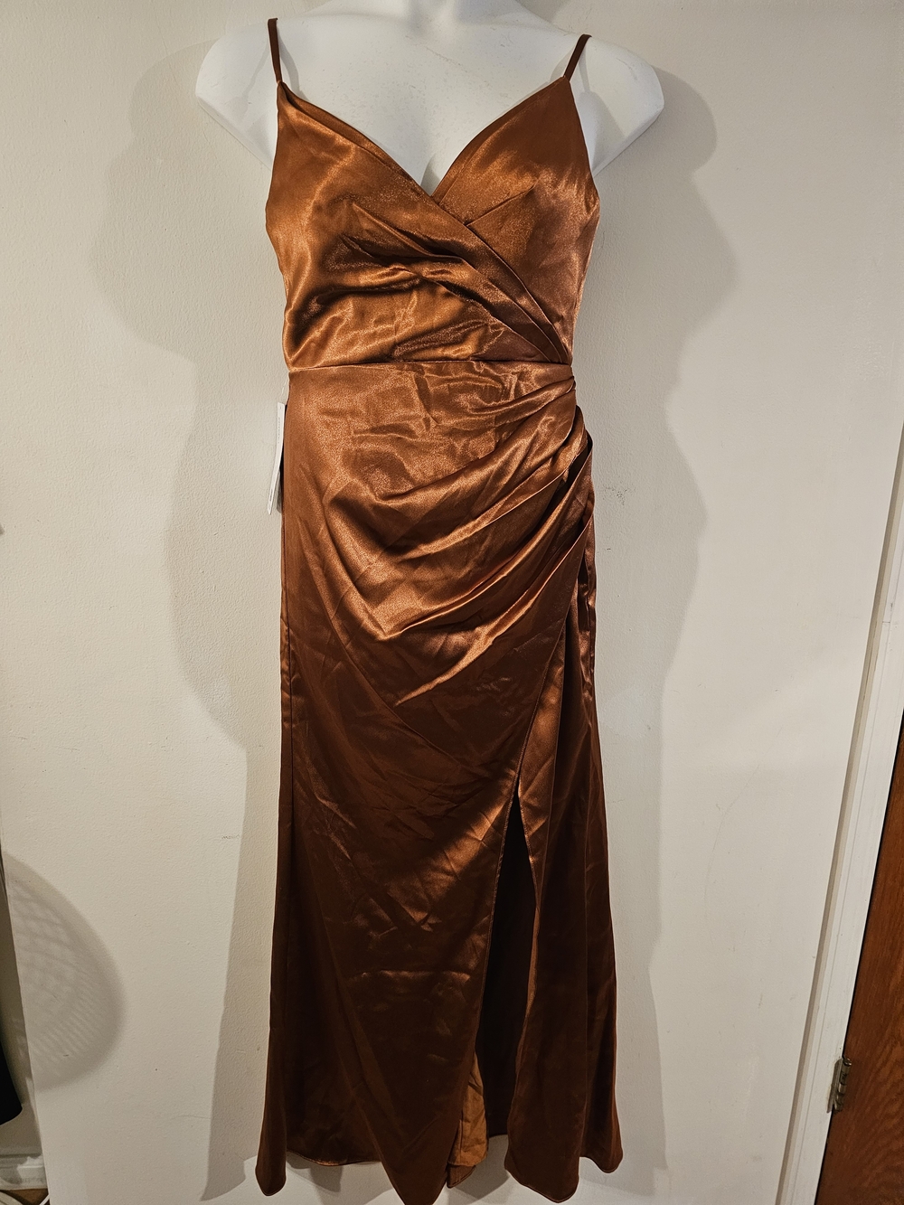 Azazie Copper Brown Satin Maxi Dress with Side Ruching